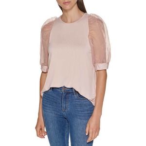 MSRP $79 Calvin Klein Women's Sheer Puff Short Sleeve Top Pink Size XL